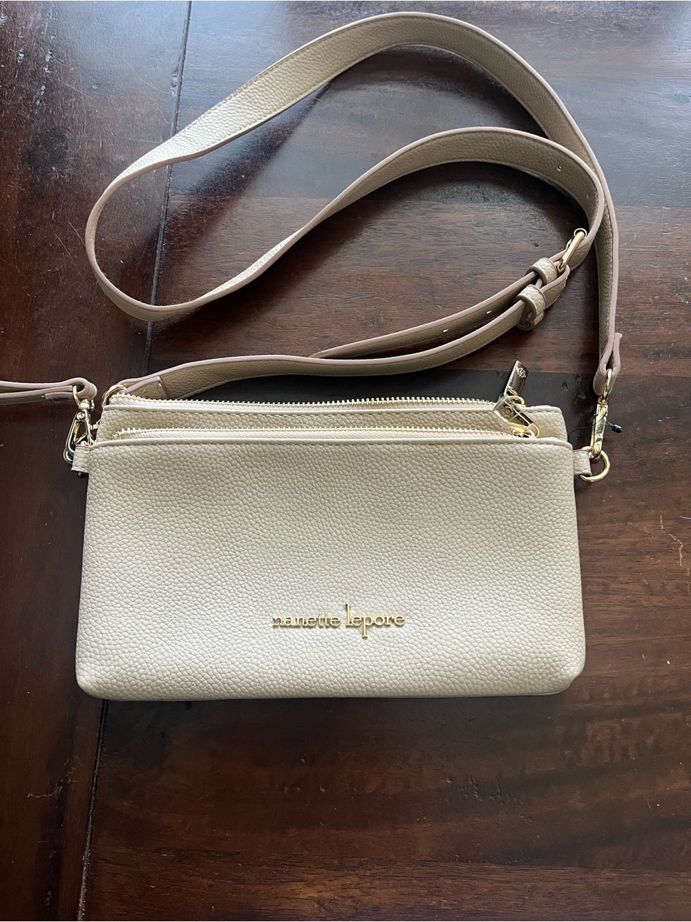 Nanette Lepore Cream Pebbled Leather Crossbody with Gold Hardware